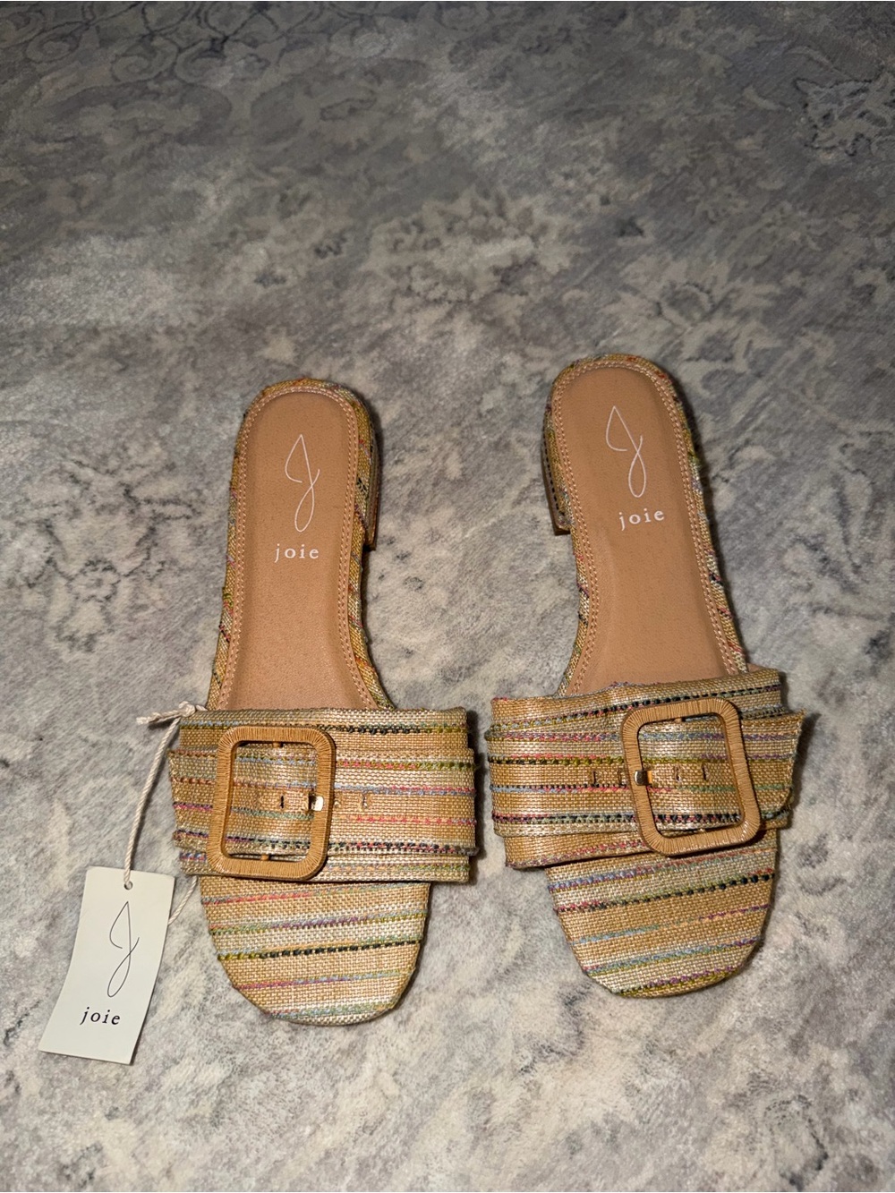 Joie Tan Multicolor Striped Buckle Slide Sandals